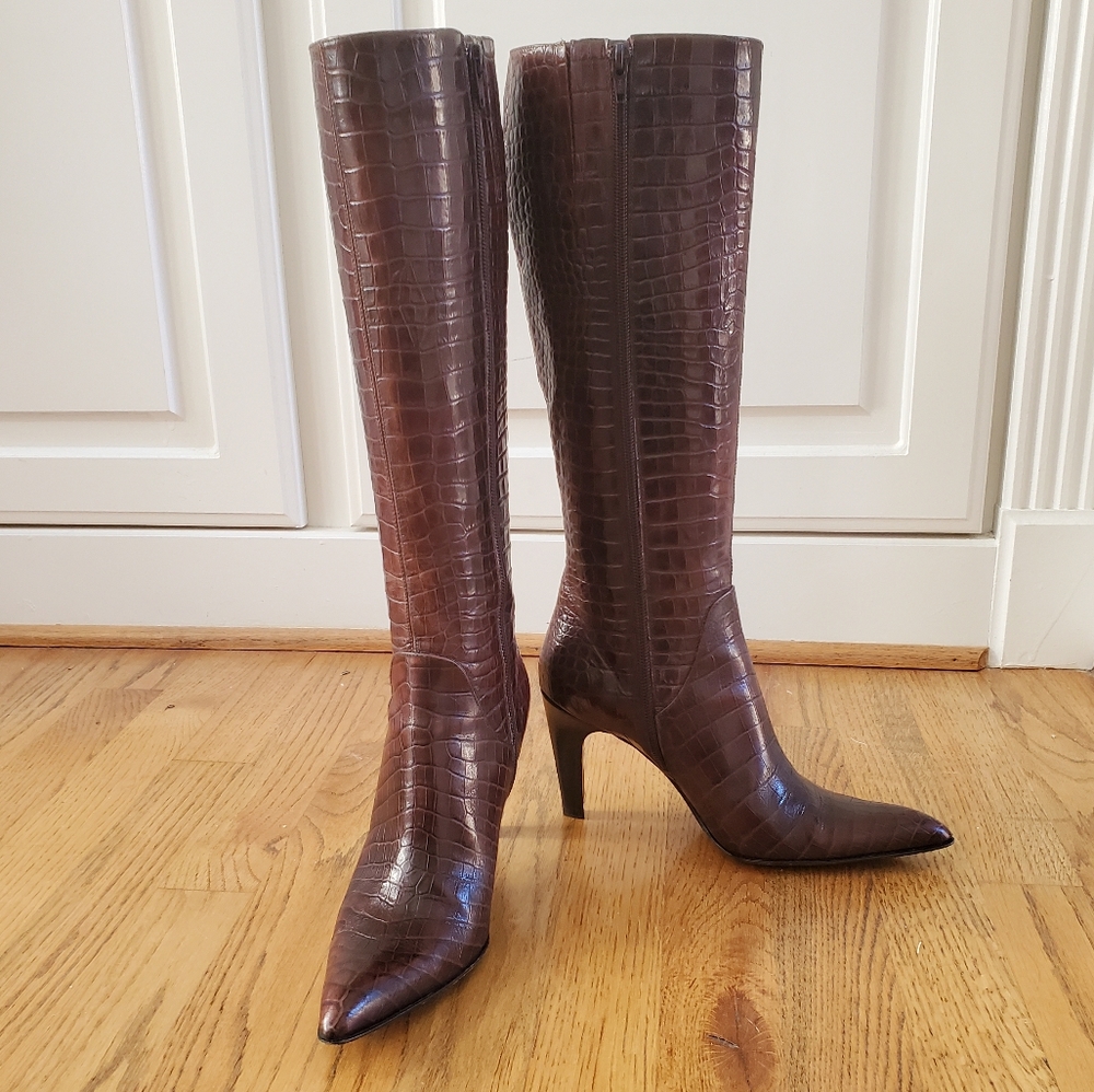 Via Spiga Brown Croc Embossed Tall Boots